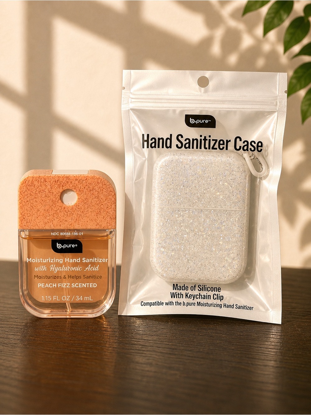 b.pure Peach Fizz Hand Sanitizer Set 5 Pack Glitter Carry Case